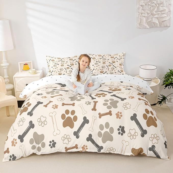 Dog Paw Print Duvet Cover Set King Size (Not Comforter),Bone Puppy Pets Animal Themed Comforter Cover with 2 Pillowcases,Beige Cute Cartoon Design Breathable Bedding Set for Adult Women Gift,3pcs