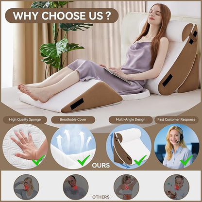 Wedge Pillow Set for After Surgery, 5 PCS Bed Wedge Pillow for Sleeping with Seat, Memory Foam Orthopedic Back Pillow for Pain Relief and Acid Reflux, Adjustable Post Surgery Pillow Brown