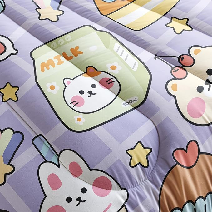 QOOMO Kawaii Bear Comforter Set for Kids Teens Girls Women,Cute Bear Kids Bedding Set,1 Comforter with 2 Pillowcase, Microfiber 3 Piece Bedding Set,for All Seasons，King Size