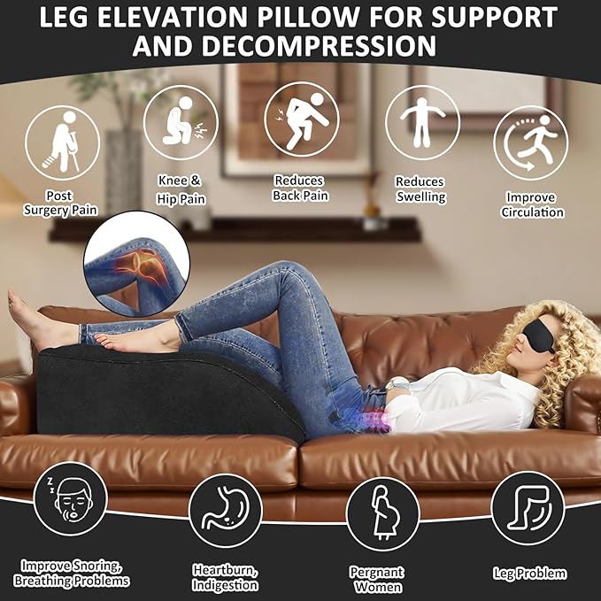 Inflatable Wedge Pillow for Leg Swelling – Leg Elevation Pillow for After Surgery & Circulation, Inflatable Leg Support Pillow with Adjustable Silk Sleep Mask for Travel,Reading,Bed & Sofa Comfort