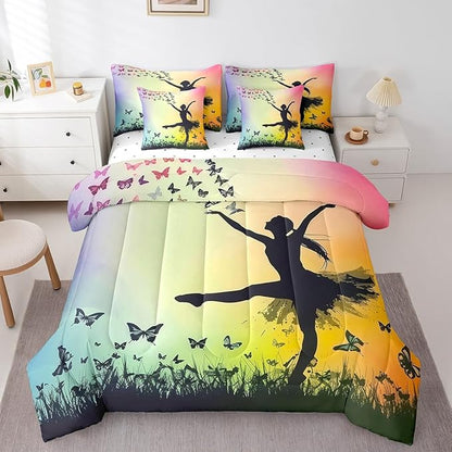 Feelyou Ballet 7 Piece Bedding Set Full Size Cute Ballet Comforter Set with Sheets for Kids Teens Toddler Dancing Girl Bed in a Bag Butterfly Bed Set