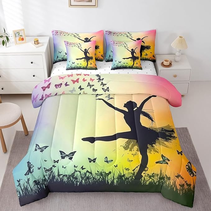 Feelyou Ballet 7 Piece Bedding Set - King Size Cute Ballet Comforter Set with Sheets for Kids, Teens, Toddlers - Dancing Girl Bed in a Bag - Butterfly Bed Set