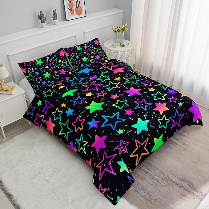 Kids Comforter Set Colorful Stars Printed Pattern Bedding Set with 1 Comforter and 2 Pillowcases for Girls Boys Bedroom All Season(Colorful Stars Full)