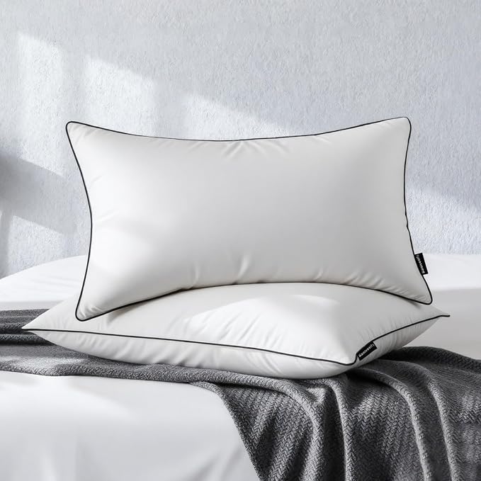 Feather Down Pillow Standard Size Set of 2, 100% Cotton Luxury Hotel Collection Bed Pillows for Sleeping, Down Surrounded Fluffy Soft Medium Firm Pillows for Side Back Stomach Sleepers 20" x 26"