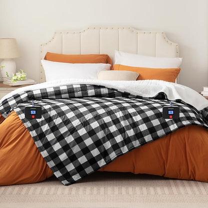 Westinghouse Electric Blanket Queen Size, Soft Flannel to Sherpa Heated Blanket with Dual Control 10 Heating Levels & 1 to 12 Hours Auto-Off, Machine Washable, Fast Heating, 84 * 90 Inch, Black