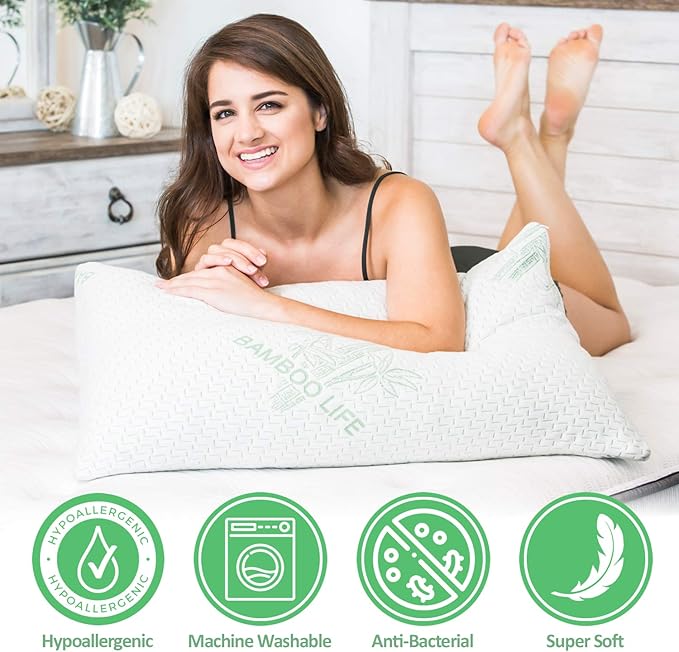 Elif King Size Pillows for Sleeping, Set of 2 – Cooling Shredded Memory Foam Pillow with Removable Cover for Back, Stomach & Side Sleepers, Rayon Derived from Bamboo, King (2 Pack)