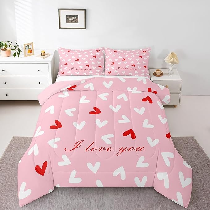 Feelyou Heart Comforter Set Twin Size Comforter for Boys Girls Teens Cute Bedding Set Kawaii Duvet Set Room Decor Pink Quilt Set