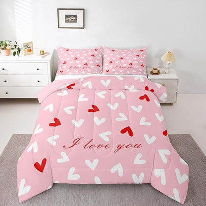 Feelyou Heart Comforter Set Queen Size Comforter for Boys Girls Teens Cute Bedding Set Kawaii Duvet Set Room Decor Pink Quilt Set