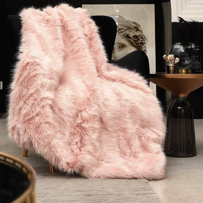 Pink Faux Fur Throw Blanket, Luxury Modern Blush Home Throw Blanket, Super Warm, Fuzzy, Elegant, Fluffy Thick Heavy Decoration Blanket Scarf for Sofa, Couch and Bed, 50''x 60''