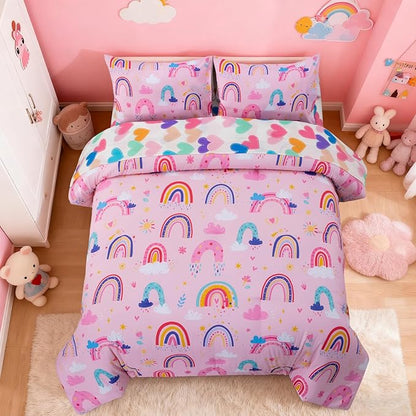 Holawakaka Boho Rainbow Full Comforter Set with Sheets, 5-Piece Bohemian Love Heart Bedding Set for Girls & Women - Super Soft Microfiber Kids Teen-Girls Full Size Pink Reversible Bed-in-a-Bag