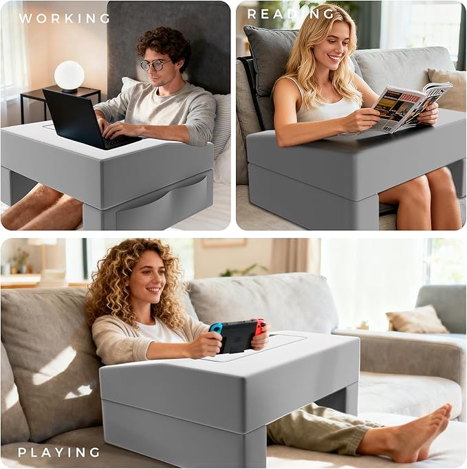 Reading Pillow for Gaming Lap Desk Pillow for Laptop with Pocket Foldable Memory Foam Bed Desk for Reading Working Crocheting Gaming Arm Rest on Bed/Sofa/Floor/Couch/Car (Grey no Cup Holder)