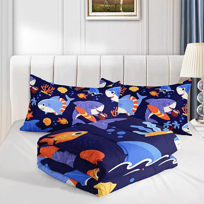 Kawaii Swimming Shark Themed Comforter 3Pcs Queen Deep Blue Ocean Sea Animal Coral Bedding Set for Kid Teen Girl Boy Adult Fish Starfish Shell Quilt Bed Decor with 1 Comforter and 2 Pillowcases