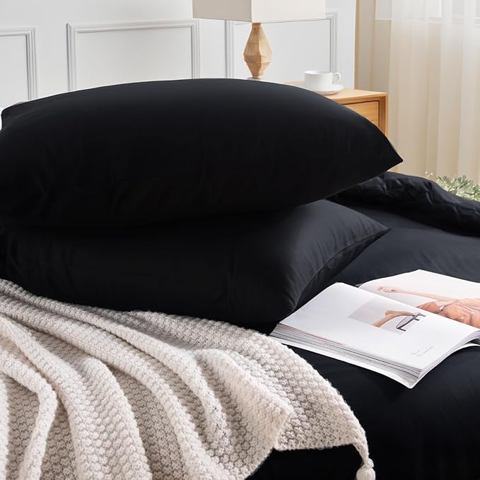 NEXHOME PRO Full Duvet Cover Set – 100% Certified Organic Cotton with Washed Feel & Linen-Like Texture, Comfortable & Breathable, Home Bedding Set Black (No Comforter)