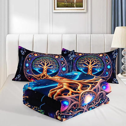 Tree of Life Bedding Queen Comforter Set,Mystic Planet Starry Sky Printed Bedding Comforter Sets for Kids Boys Girls Room Decor,Bohemian Bedding Puffy Comforter Sets 2 Pillowcases.