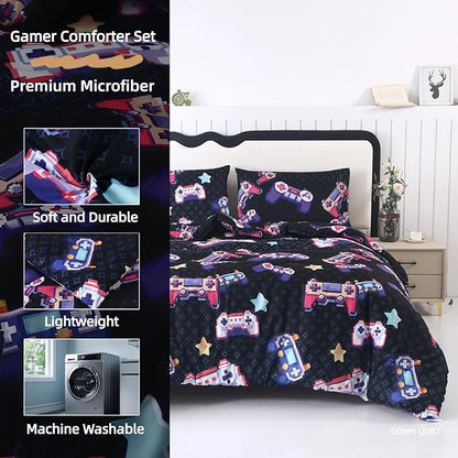 SDIII Vibrant Colors Gamer Comforter Set Queen 3 Pieces, Soft Microfiber Gamer Comforter Sets for Boys and Girls, Lightweight Gaming Bedding Set Queen