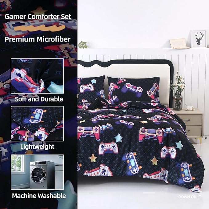 SDIII Vibrant Colors Gamer Comforter Set Full 3 Pieces, Soft Microfiber Gamer Comforter Sets for Boys and Girls, Lightweight Gaming Bedding Set Full
