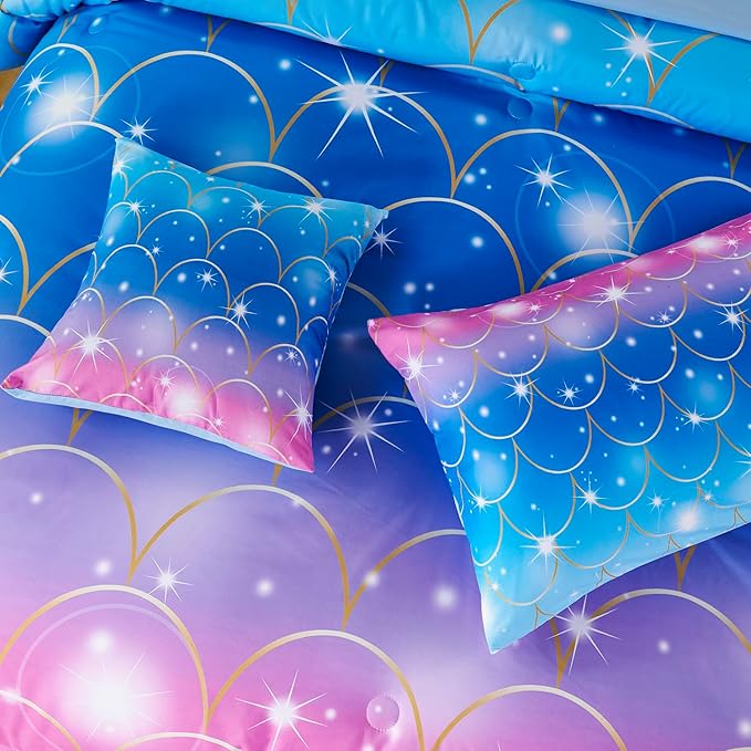 URBONUR Mermaid Comforter Set Full Size 6 Pieces Bed in a Bag Pink Blue Girls Bedding Colorful Bedroom Decor Soft All Season Kids Bed Sets