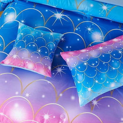 URBONUR Mermaid Comforter Set Full Size 6 Pieces Bed in a Bag Pink Blue Girls Bedding Colorful Bedroom Decor Soft All Season Kids Bed Sets