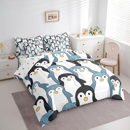 Feelyou Penguin Comforter Set with Sheets Cartoon Penguin 7 Piece Bedding Set for Kids Boys Girls Cute Polar Animal Pattern Bed in a Bag King Size Snowy Winter Bed Set
