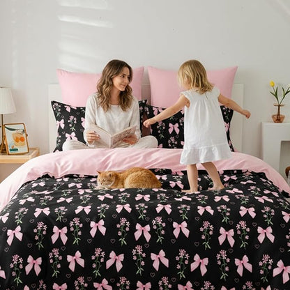 Queen Duvet Cover 3Pcs Black Pink Bow Bedding Set for Girls Kids, Cute Floral Bowknot Design, Super Soft 100% Microfiber Comforter Cover (2 Pillowcases, No Comforter)