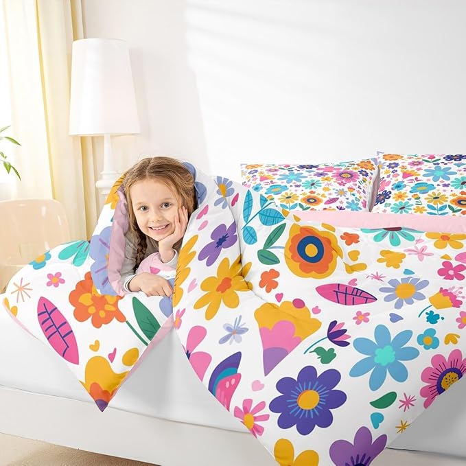 Erosebridal Cute Floral Toddler Bedding Set for Girls,Boho Flower Wildflower Kids Comforter Sets,Yellow Teal Pink Floral Bed Set Country Spring Flowers Kawaii Room Decor with 1 Pillowcase