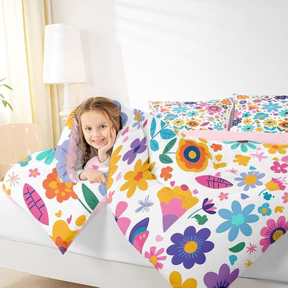 Erosebridal Cute Floral King Bedding Set for Girls Kids,Boho Flower Wildflower Comforter Set,Yellow Teal Pink Floral Bed Set Country Spring Flowers Kawaii Bedroom Decor with 2 Pillowcases