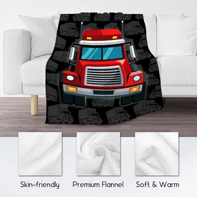 Truck Blanket, Cozy Soft Throw Gifts for Kids, Cute Black Flannel Throw Blankets for Couch Office, 30x40 Inches