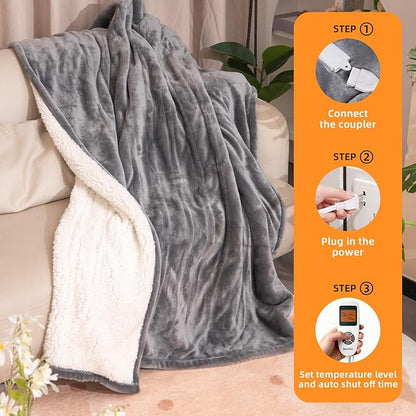 RAINOVA Heated Blanket Electric Throw, Electric Blanket-72''x84'', Soft Flannel Lamb Swool Heating Blanket, 10-Level Heating, 10-Hour Auto-Off, Gifts for Parents and Elders, Gray, ETL & FCC Certified