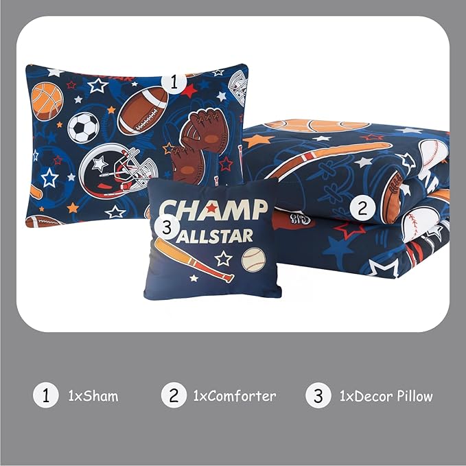 Kids Comforter Set Twin Size for Boys, Glow in The Dark Ball Games Bedding Set 1 Comforter, 1 Decor Pillow, 1 Pillow Shams