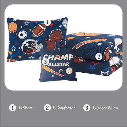 Kids Comforter Set Twin Size for Boys, Glow in The Dark Ball Games Bedding Set 1 Comforter, 1 Decor Pillow, 1 Pillow Shams