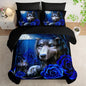 Wolf Comforter Set 7 Piece Queen Size Bed in A Bag,Animal Bedding for Room Decor,Soft Wolf Comforter Blue Rose Bedding with Fitted Sheet,Flat Sheet, Pillowcases & Shams