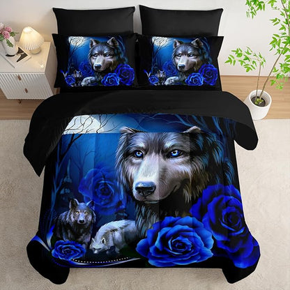 Wolf Comforter Set 7 Piece King Size Bed in A Bag,Animal Bedding for Room Decor,Soft Wolf Comforter Blue Rose Bedding with Fitted Sheet,Flat Sheet, Pillowcases & Shams