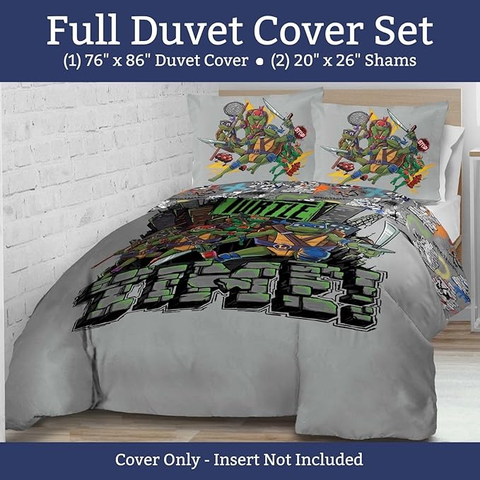 Jay Franco Duvet Cover Set – 3 Piece Comforter Cover and Sham Set, Super Soft Cozy Kids Bedding (Insert Not Included) Grey - Teenage Mutant Ninja Turtles, Full