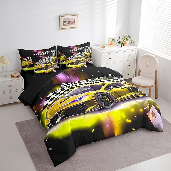 Feelyou Yellow Racing Car 7 Piece Bedding Set King Size Extreme Sport Comforter Set with Sheets for Kids Boys Girls Teens Toddler Fast and Furious Bed in a Bag Black White Flag Bed Set