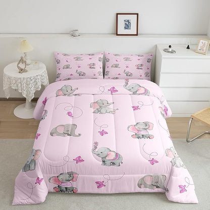 Lovely Elephant Full Size Comforter Set,Purple Butterfly Cartoon Wildlife Reversible Bedding Set Bedroom Collection,Watercolor Grey Pink Animal Soft Quilted Duvet for Girls Teens