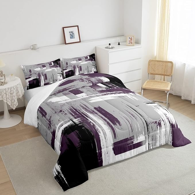 Feelyou Abstract Bedding Set Kids Modern Abstract Art Comforter Set Purple Grey Black Comforter for Boys Room Decor Lightweight Retro Duvet Set Toddler Size with 1 Pillow Case