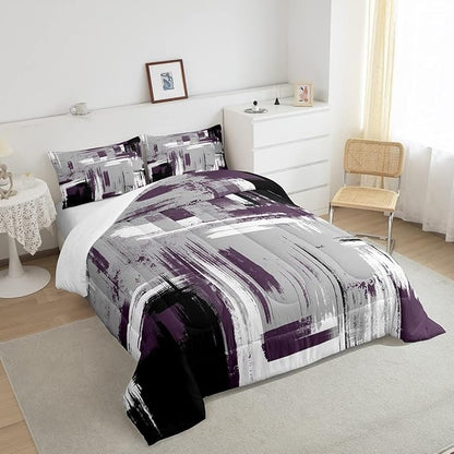 Feelyou Abstract Bedding Set Kids Modern Abstract Art Comforter Set Purple Grey Black Comforter for Boys Room Decor Lightweight Retro Duvet Set Toddler Size with 1 Pillow Case
