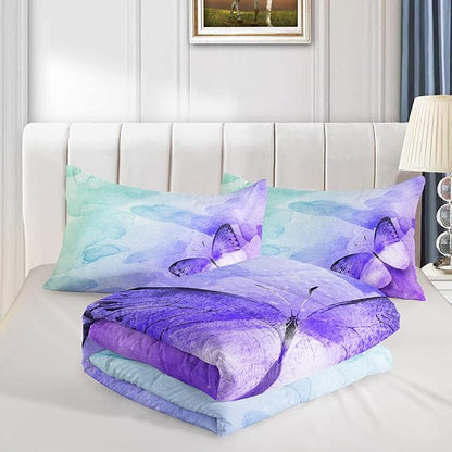 QOOMO Butterfly Comforter Queen Size Set - Watercolor Kids Bedding, 3Pcs With 2 Pillowcases, Down Alternative, Soft and Lightweight for All Seasons