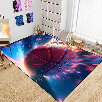 Basketball Rug for Boys Bedroom - Sports Rugs for Boys Bedroom, Sports Themed Carpet for Teens Kids Basketball Carpet for Living Room Floor Mat, Blue, 4x5 Feet
