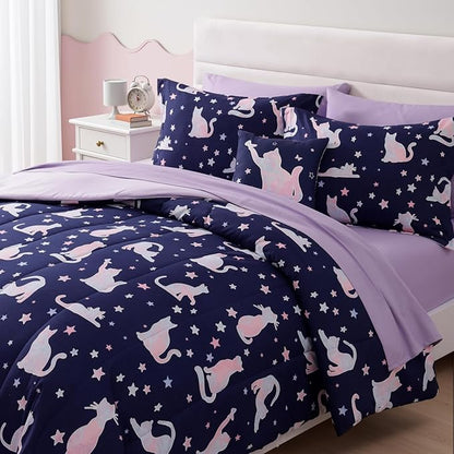 Twin Comforter Set for Girls -3 Pieces Cute Cat Twin XL Bedding Set with 1 Comforter, 1 Decor Pillow, 1 Pillow Sham