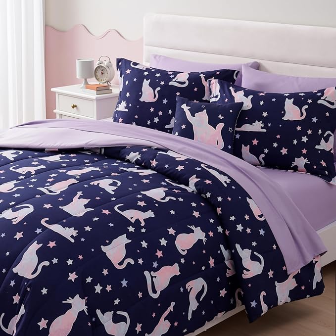 Full Size Comforter Set for Girls-4 Pieces Cat Patterns Full Bedding Set with 1 Comforter, 1 Decor Pillow &2 Pillow Shams