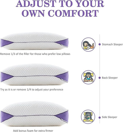 HOMELAB Adjustable Shredded Memory Foam Pillows Queen Size, Cooling Bed Pillows for Sleeping with Removable Cover, Medium Pillows for Side Stomach & Back Sleepers, 2 Packs 20"x28"
