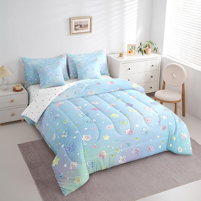Feelyou Cute Flower 7 Piece Bedding Set Twin Size Cartoon Flower Bed in a Bag for Kids Girls Teens Toddler Rainbow Comforter Set with Sheets Cartoon Bed Set
