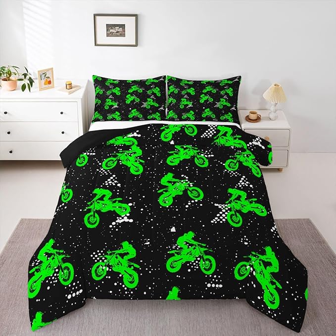 Feelyou Boys Dirt Bike Bedding Set - Cool Sports Comforter Set for Kids Motocross Rider - Fluorescent Green Bike Quilt & 2 Pillowcases - King Size