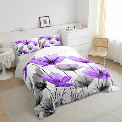 Erosebridal Purple Floral Toddler Bedding Set,Purple and Grey Flower Comforter Set for Kids Girls,Vintage Flowers Bed Set,Farmhouse Wildflower Room Decor with 1 Pillowcase,Lightweight