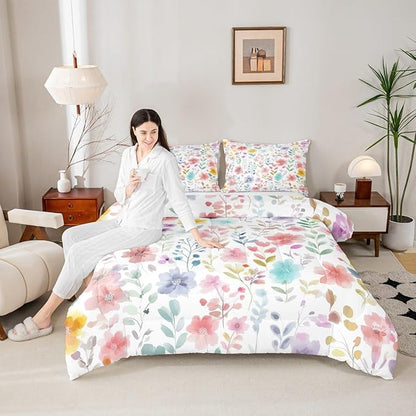 Erosebridal Cute Floral Queen Comforter Set,Red Purple Flower Bedding Sets for Kids Girls Women,Colorful Boho Wildflower Bed Set,Country Cottage Core Flowers Room Decor,2 Pillowcases Breathable
