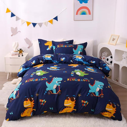 JSD Sports Dinosaur Kids Duvet Cover Set Twin Size, 2 Piece Cute Printed Microfiber Comforter Cover with Pillow Sham Zipper Closure, Comforter Not Included