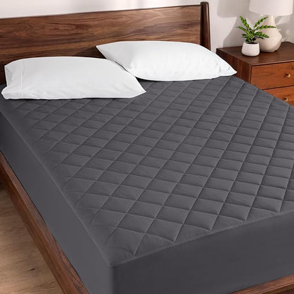 Bare Home Queen Quilted Fitted Mattress Pad - Cooling Mattress Cover - Easily Washable - Elastic Fitted Cover for Mattress - Stretch-to-Fit up to 15 Inches Deep (Queen, Grey)