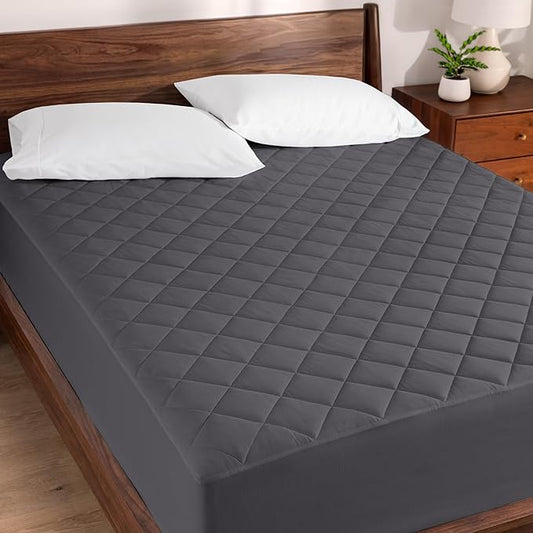 Bare Home Queen Quilted Fitted Mattress Pad - Cooling Mattress Cover - Easily Washable - Elastic Fitted Cover for Mattress - Stretch-to-Fit up to 15 Inches Deep (Queen, Grey)