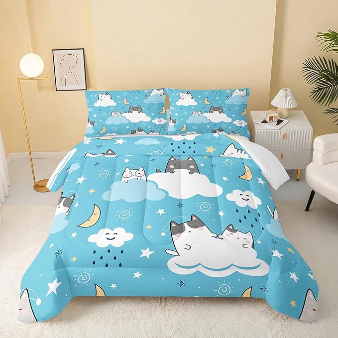 QOOMO Cat Comforter Queen Size, Blue Cloud Cats 3Pcs Bedding Set with 2 Pillowcases, Down Alternative, Soft and Lightweight
